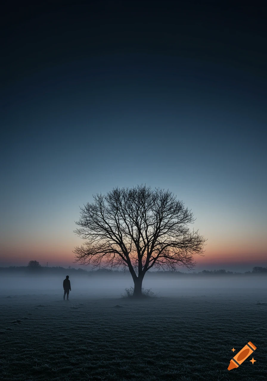 A lone figure stands in a misty field before a bare tree silhouetted against a colorful dawn or dusk sky.
