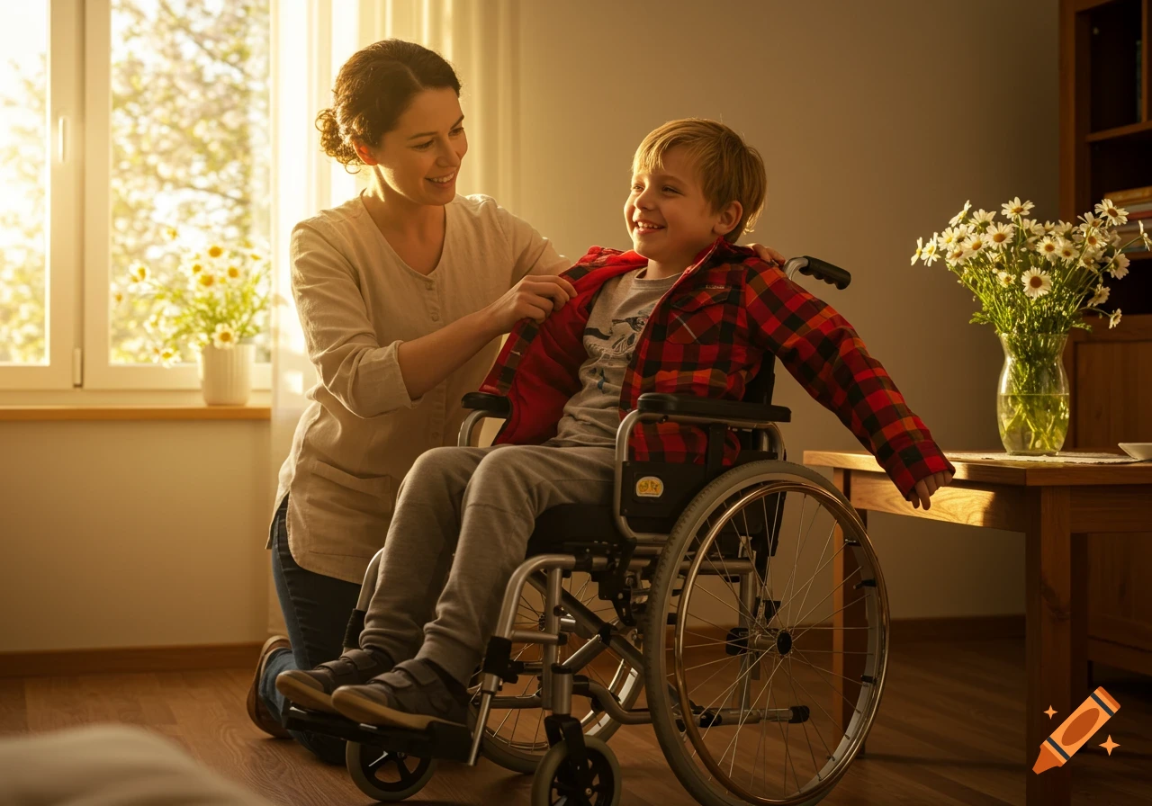 A woman helps a smiling child in a wheelchair put on a red plaid coat in a sunlit room.