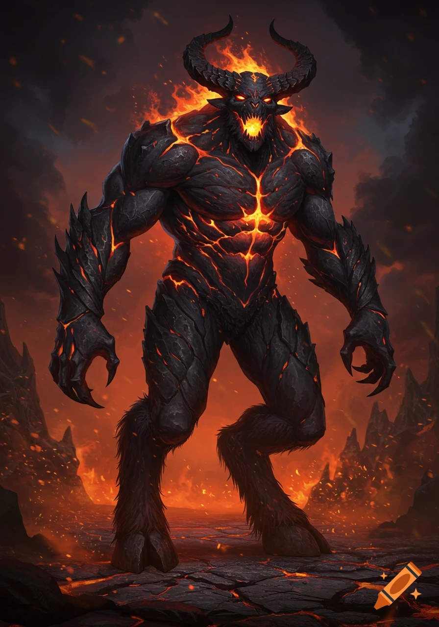 A towering, muscular hellish titan with volcanic black skin, glowing magma veins, and fiery horns stands in a fiery, lava-filled landscape.