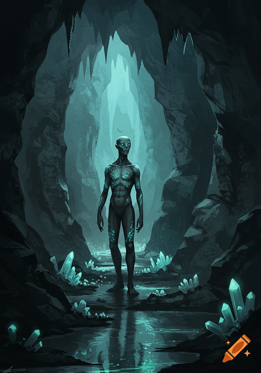 A dark humanoid figure with glowing blue markings stands in a bioluminescent cave filled with crystals and shallow water, under stalactites.
