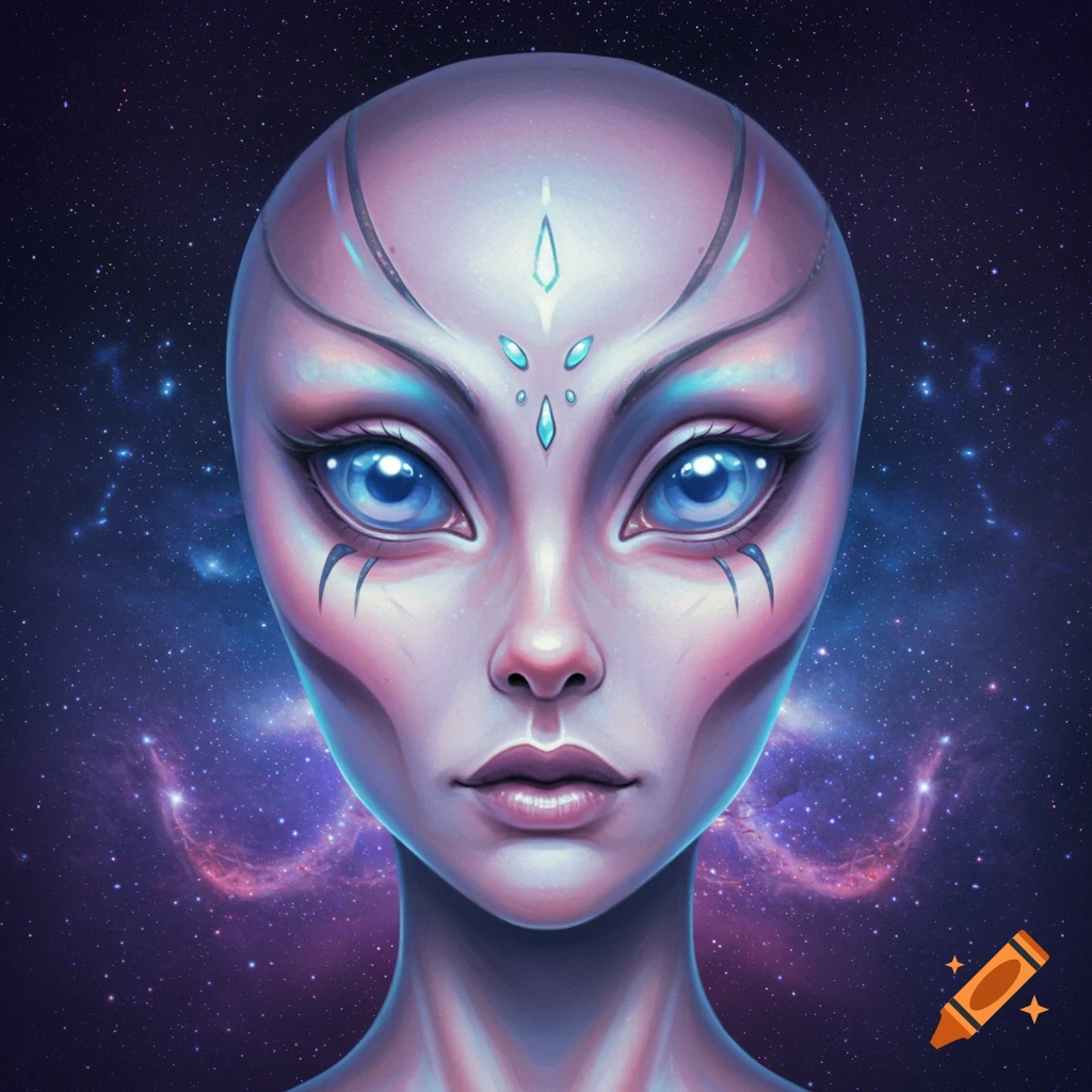 Close-up portrait of a pale, blue-eyed alien with decorative facial markings against a starry, nebula-filled space background.