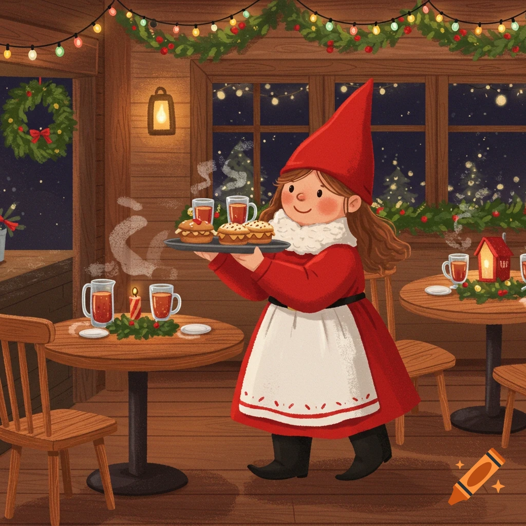 A red-hatted gnome girl serves cookies and mulled wine in a cozy, festive cafe illustration.
