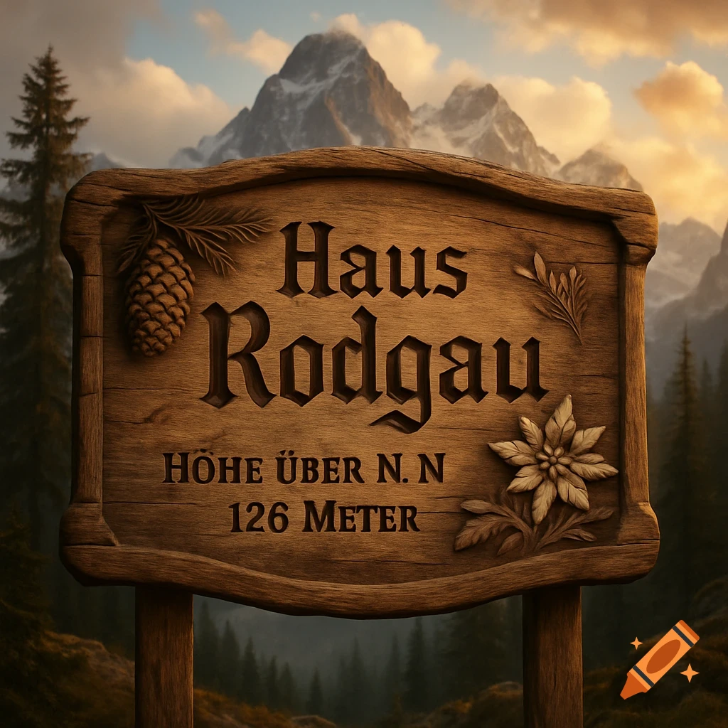 A detailed wooden sign with carved text 'Haus Rodgau' and 'Höhe über N.N. 126 Meter' against a backdrop of majestic mountains and forest.