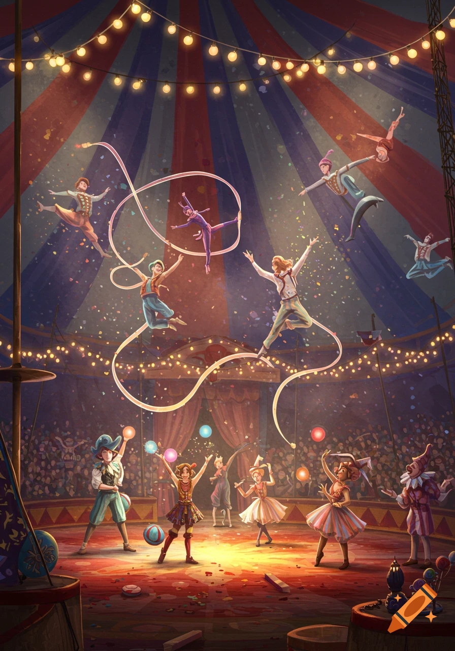 A vibrant digital illustration of a circus performance under a big top, with acrobats in mid-air and performers on the ground.