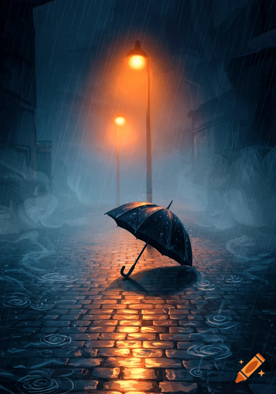 A black umbrella rests on a wet cobblestone street, illuminated by two glowing streetlights on a rainy night, in a painterly style.