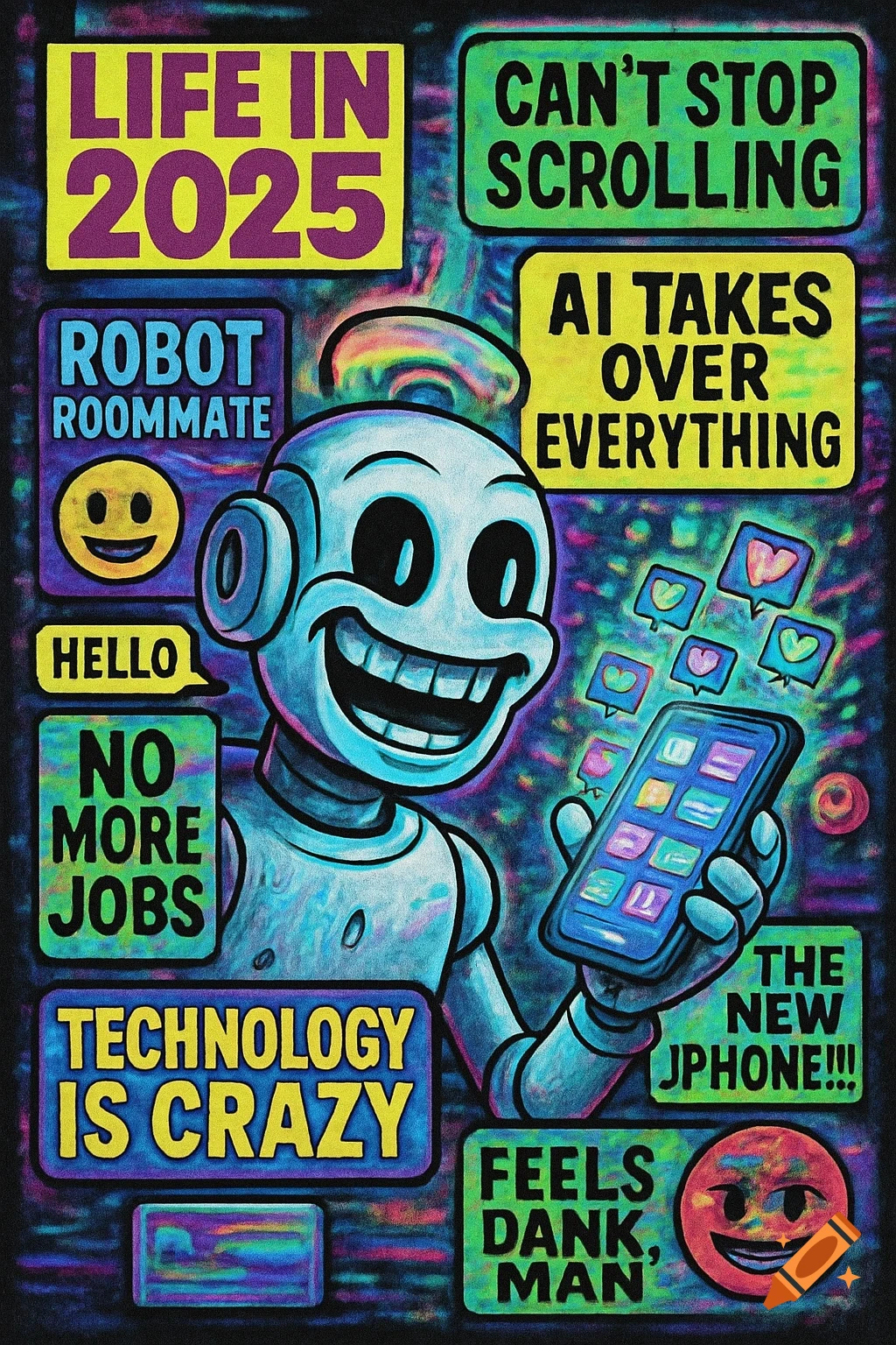 A colorful, vibrant meme-style illustration featuring a smiling robot holding a smartphone, surrounded by text bubbles about technology and the year 2025.
