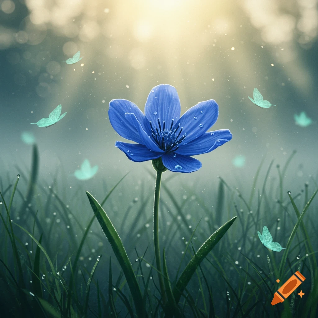 A vibrant blue flower with dew drops stands in lush green grass, surrounded by glowing aqua butterflies, bathed in soft, ethereal sunlight.