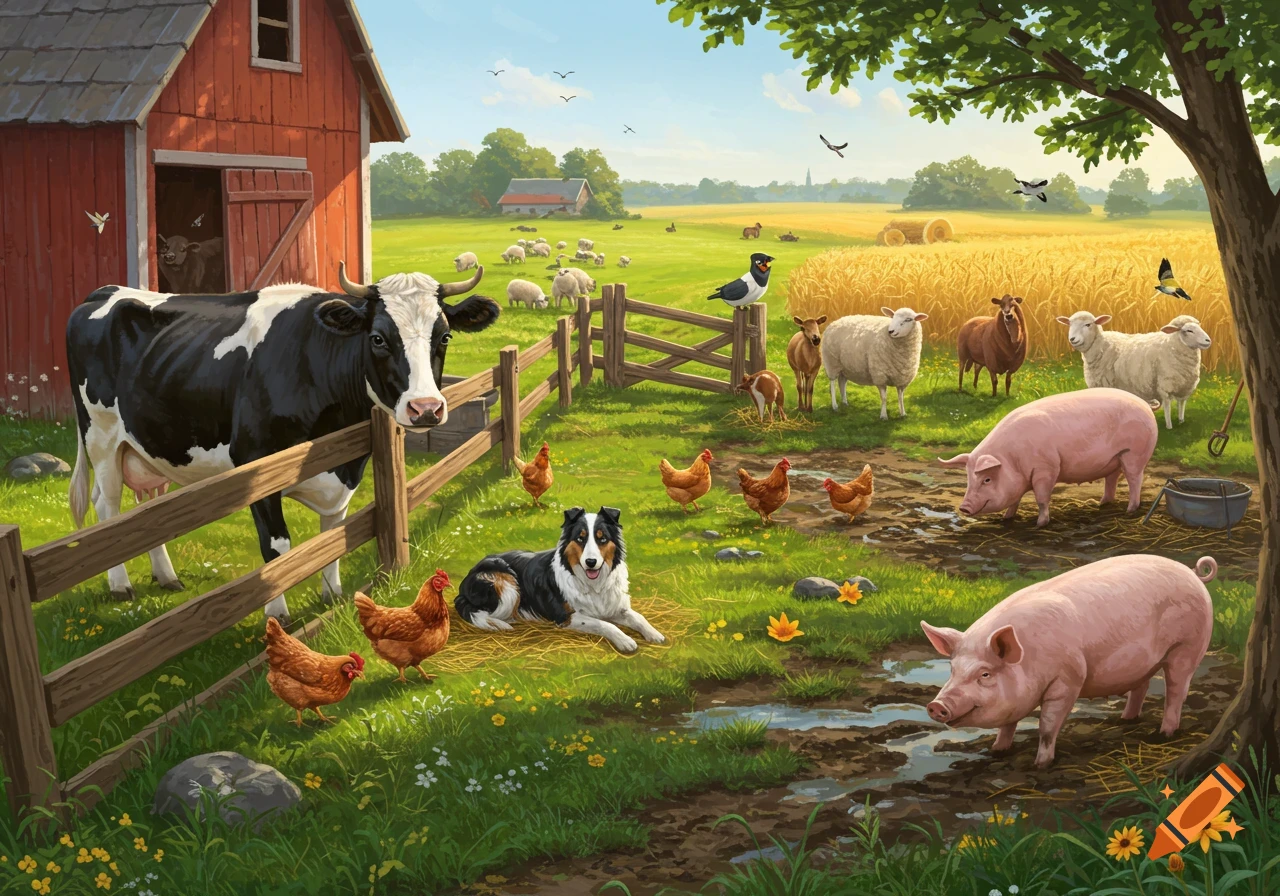 A vibrant illustration of a farm with a cow, pigs, sheep, chickens, and a dog in a grassy field next to a red barn.
