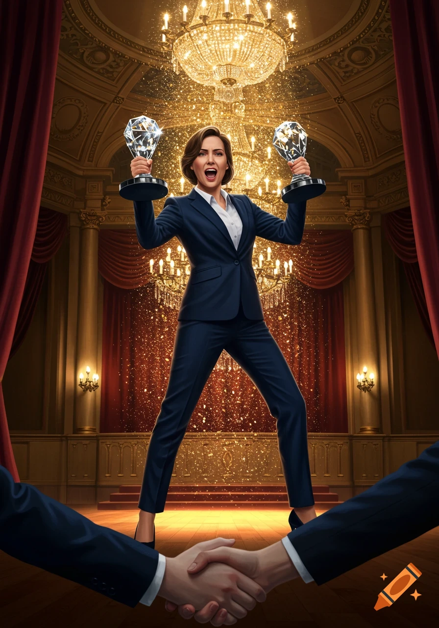 Triumphant businesswoman in a suit holding two diamond trophies in a grand ballroom with sparkling lights, above a handshake.