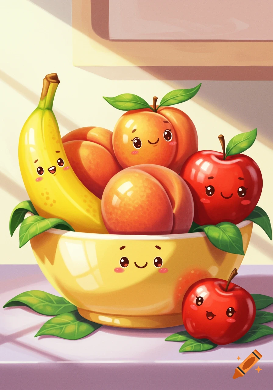A cartoonish bowl filled with smiling peaches, a banana, and apples, with one small apple resting outside the bowl.