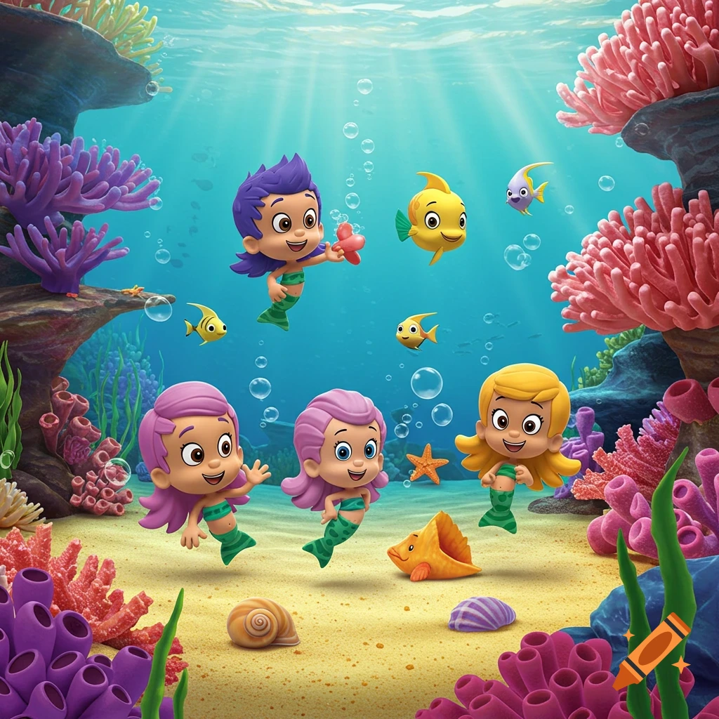 Vibrant cartoon of Bubble Guppies mermaid children, fish, and seashells on a sandy underwater seabed with colorful coral.