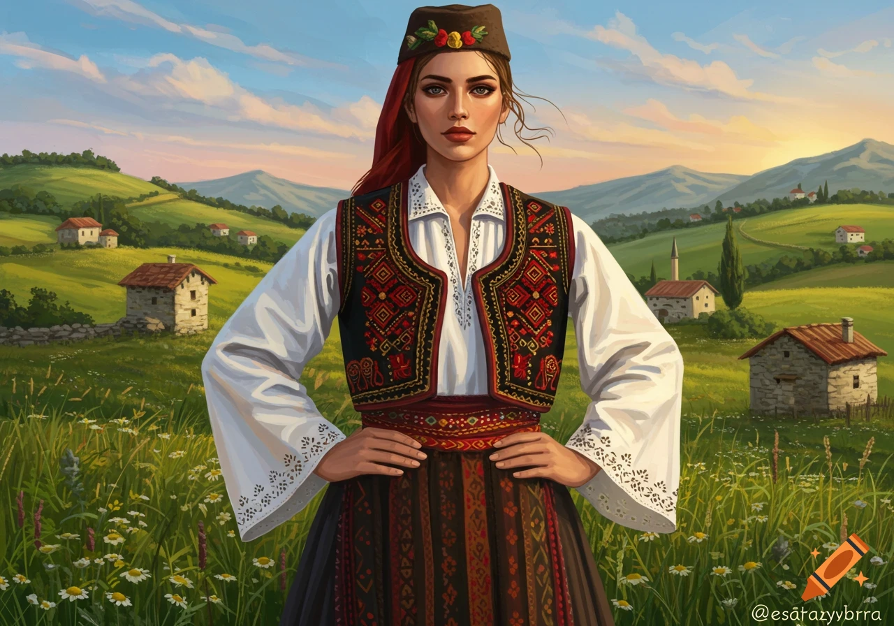 A woman in a traditional Albanian folk costume stands in a green field with houses and mountains under a bright sky, digital painting.