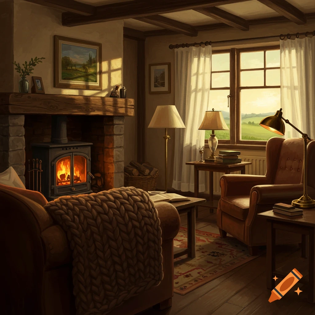 A cozy country cottage living room with a lit fireplace, a brown couch with a chunky knit blanket, and a window overlooking a green landscape.