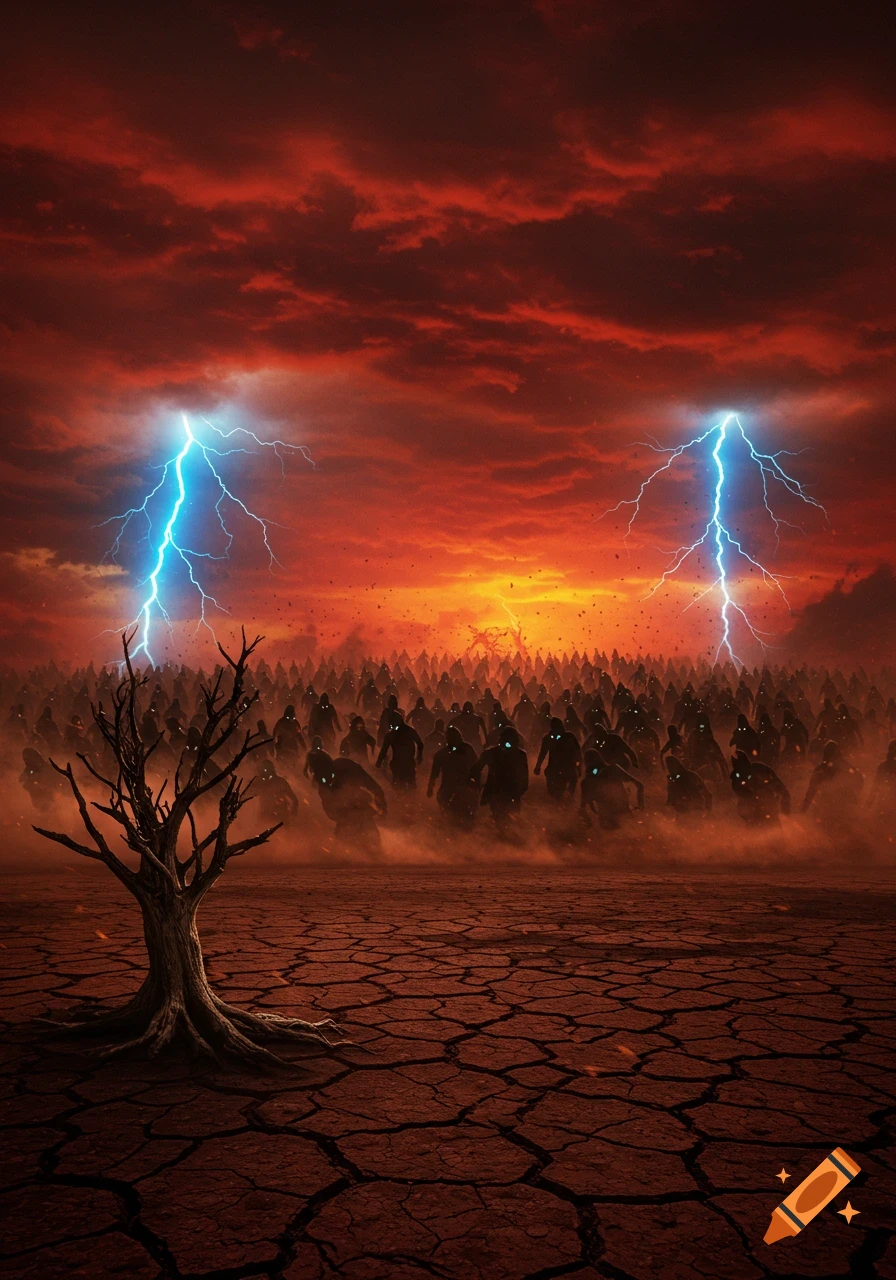 A barren tree stands on cracked earth under a fiery red sky with lightning, as a horde of shadowy, glowing-eyed figures emerges from dust.