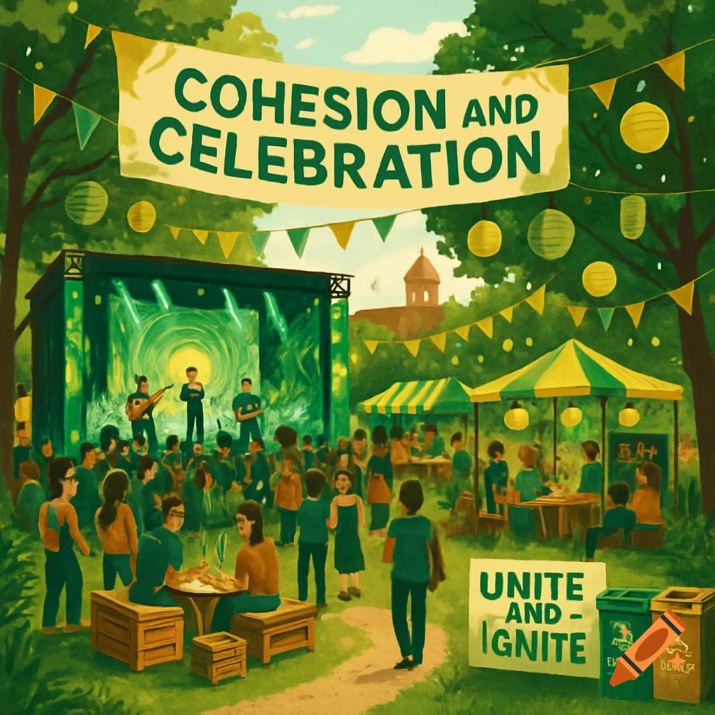 An outdoor festival scene with a band playing on a stage, people mingling, and a large banner overhead reading "COHESION AND CELEBRATION" in a stylized, painterly art style.