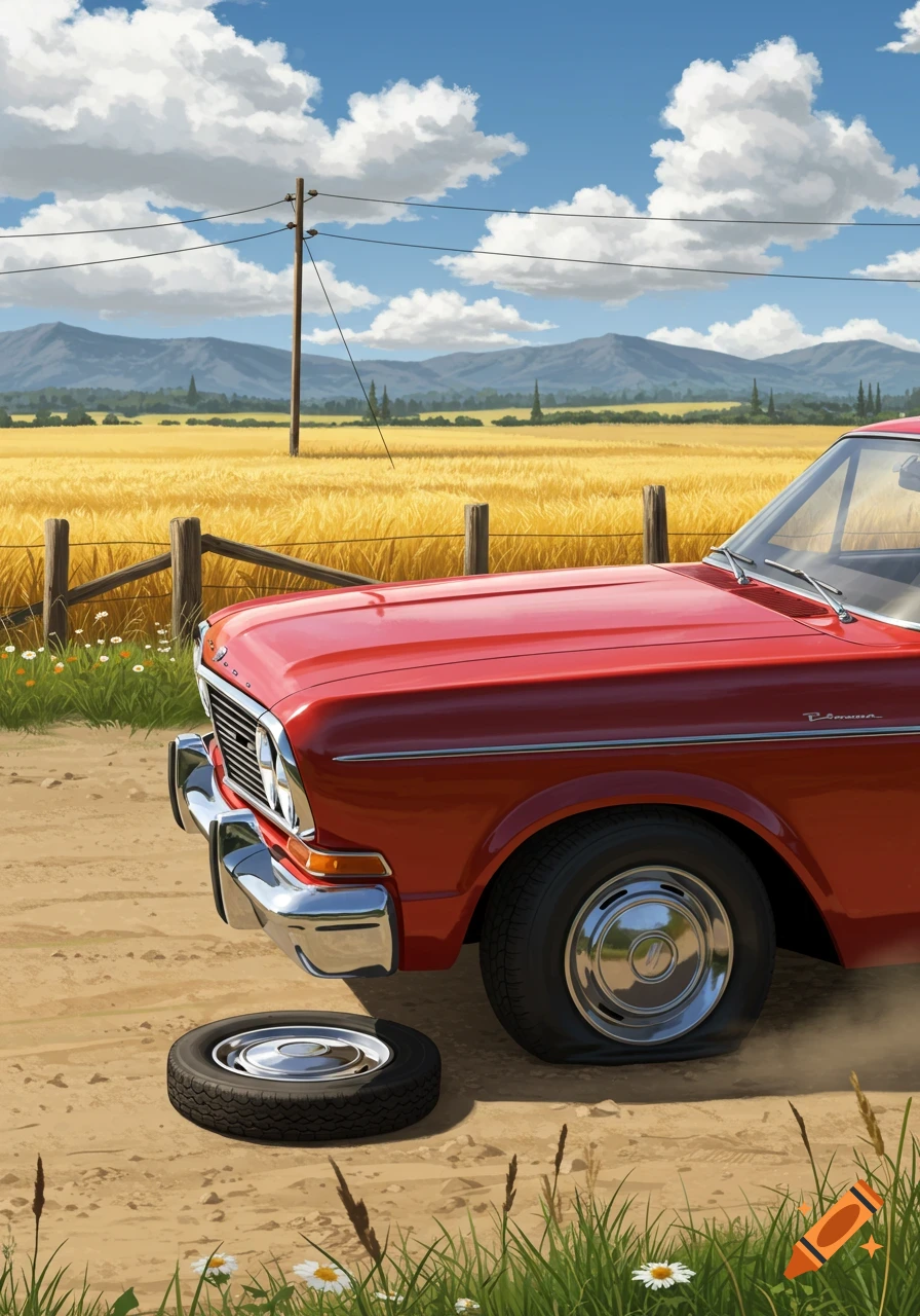 An illustrated red vintage car with a flat tire is parked on a dirt road beside a golden wheat field and distant mountains.