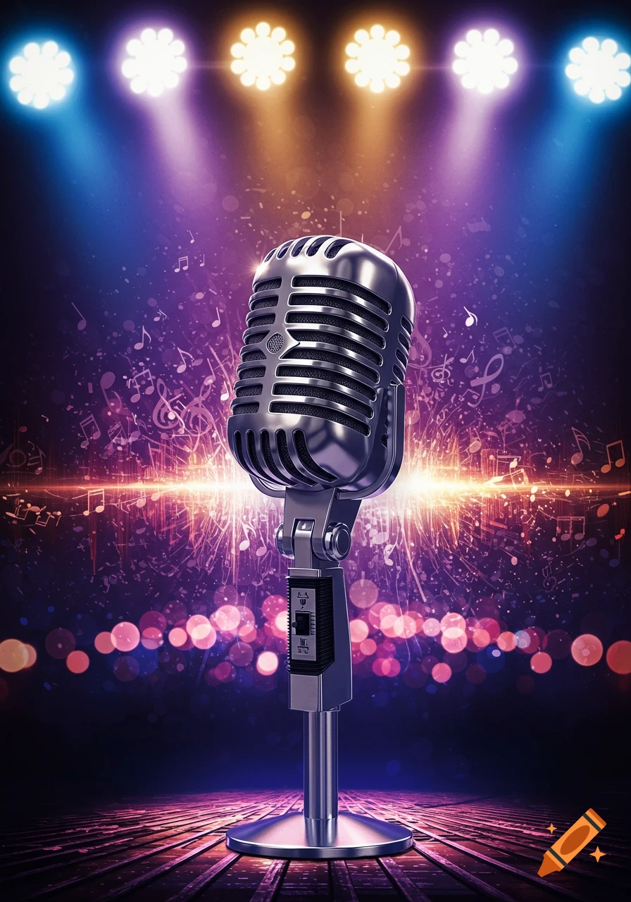 A vintage-style silver microphone stands on a wooden stage floor, illuminated by vibrant blue and orange stage lights, surrounded by floating musical notes and sparkling bokeh effects.