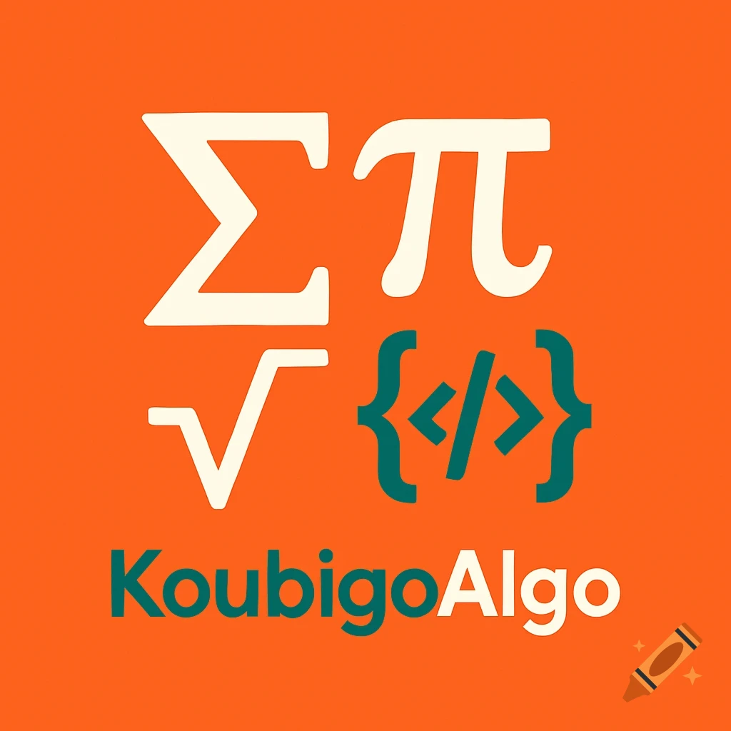 Modern, minimalist logo on an orange background with white mathematical symbols (Sigma, Pi, square root) and teal programming symbols ({</>}) above the teal text "KoubigoAlgo".