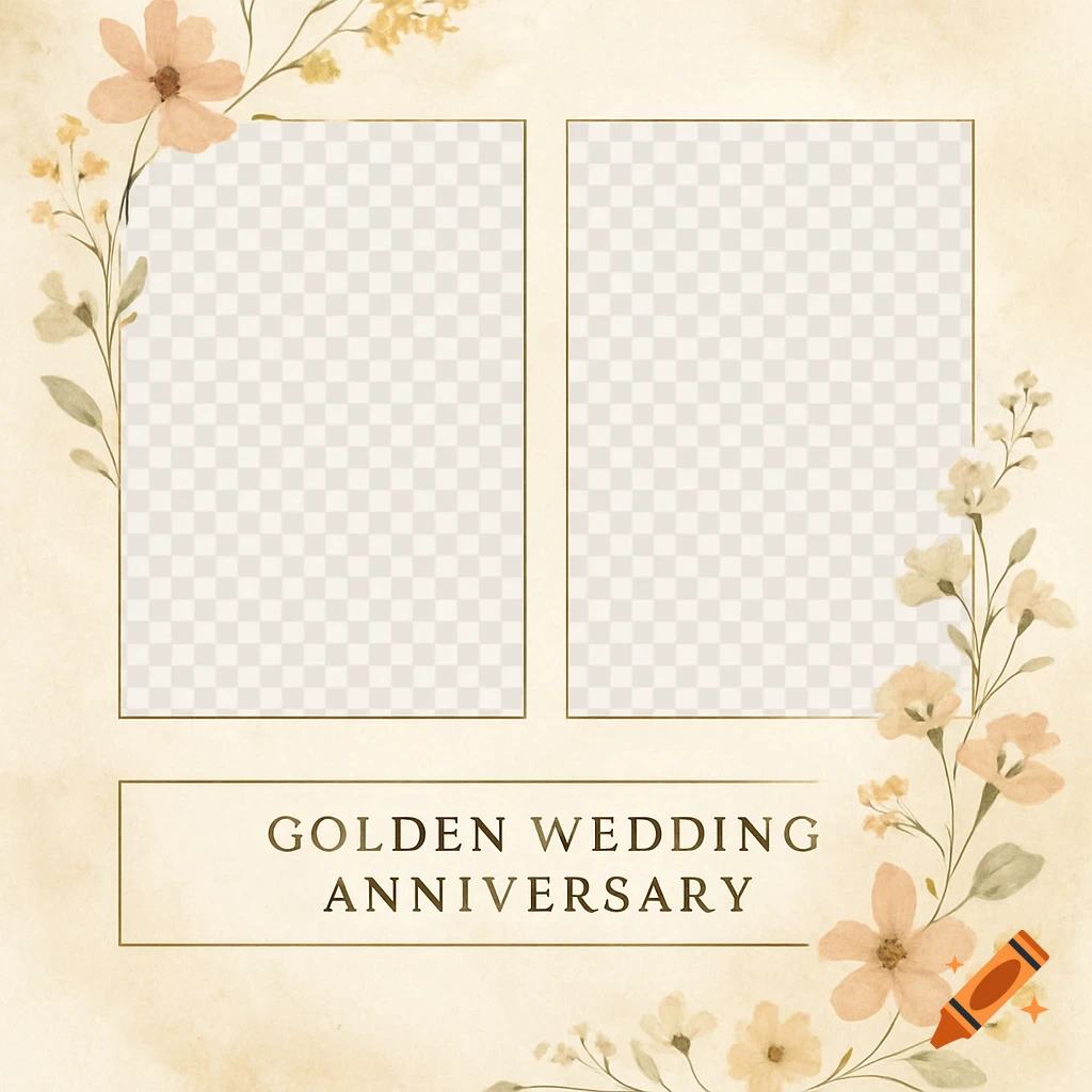 A golden wedding anniversary invitation template with watercolor floral borders, a light beige background, two photo placeholders, and the text 'GOLDEN WEDDING ANNIVERSARY'.