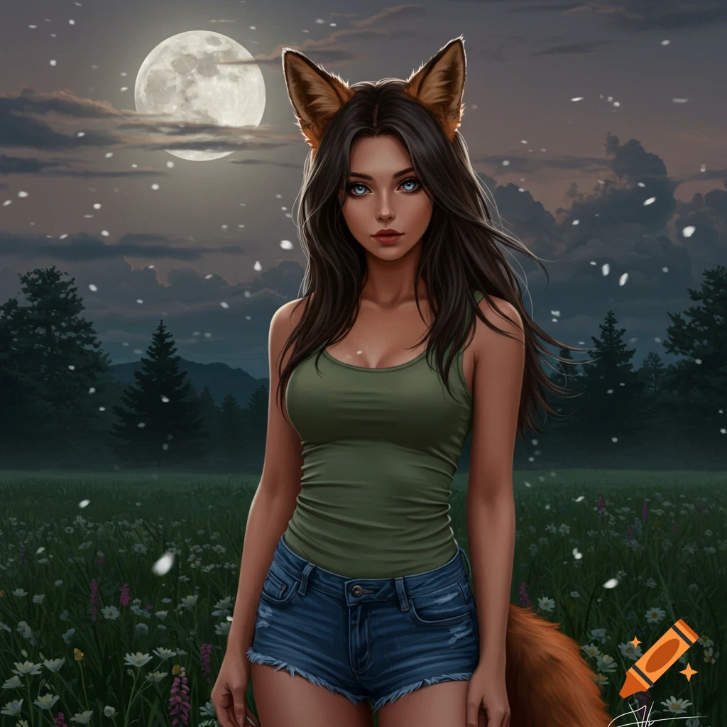 A digital art rendering of a fantasy woman with fox ears and tail, wearing a green tank top and jean shorts, standing in a moonlit field.