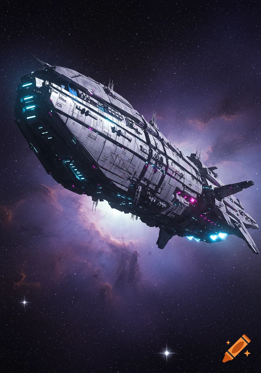 A large, detailed spaceship with blue and pink lights flies through a star-filled galaxy with a purple nebula.