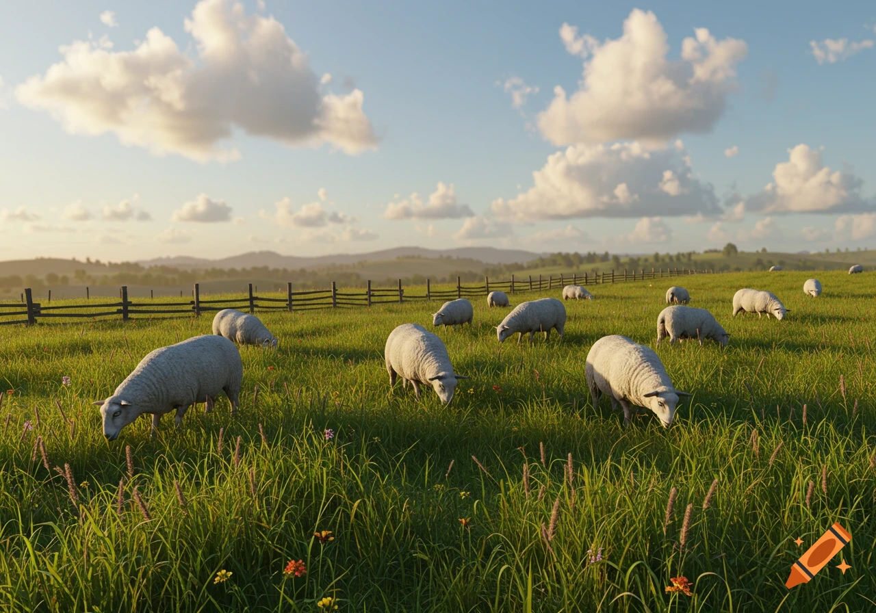 Photorealistic image of many sheep grazing in a vast green field with a wooden fence under a blue sky with white clouds.