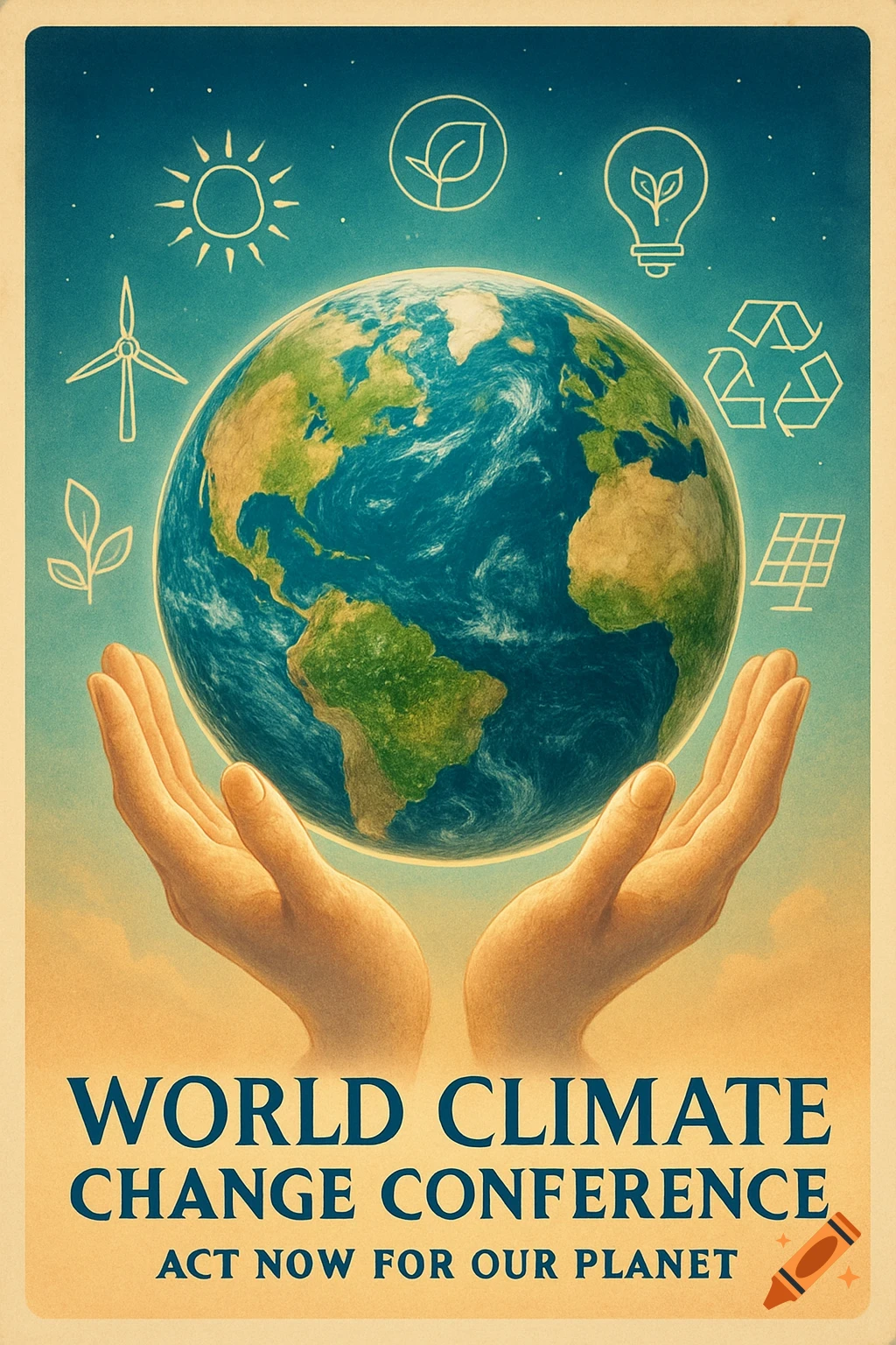 Vintage poster: hands cradle Earth, surrounded by environmental symbols like sun, wind turbine, and recycling. Text: World Climate Change Conference.