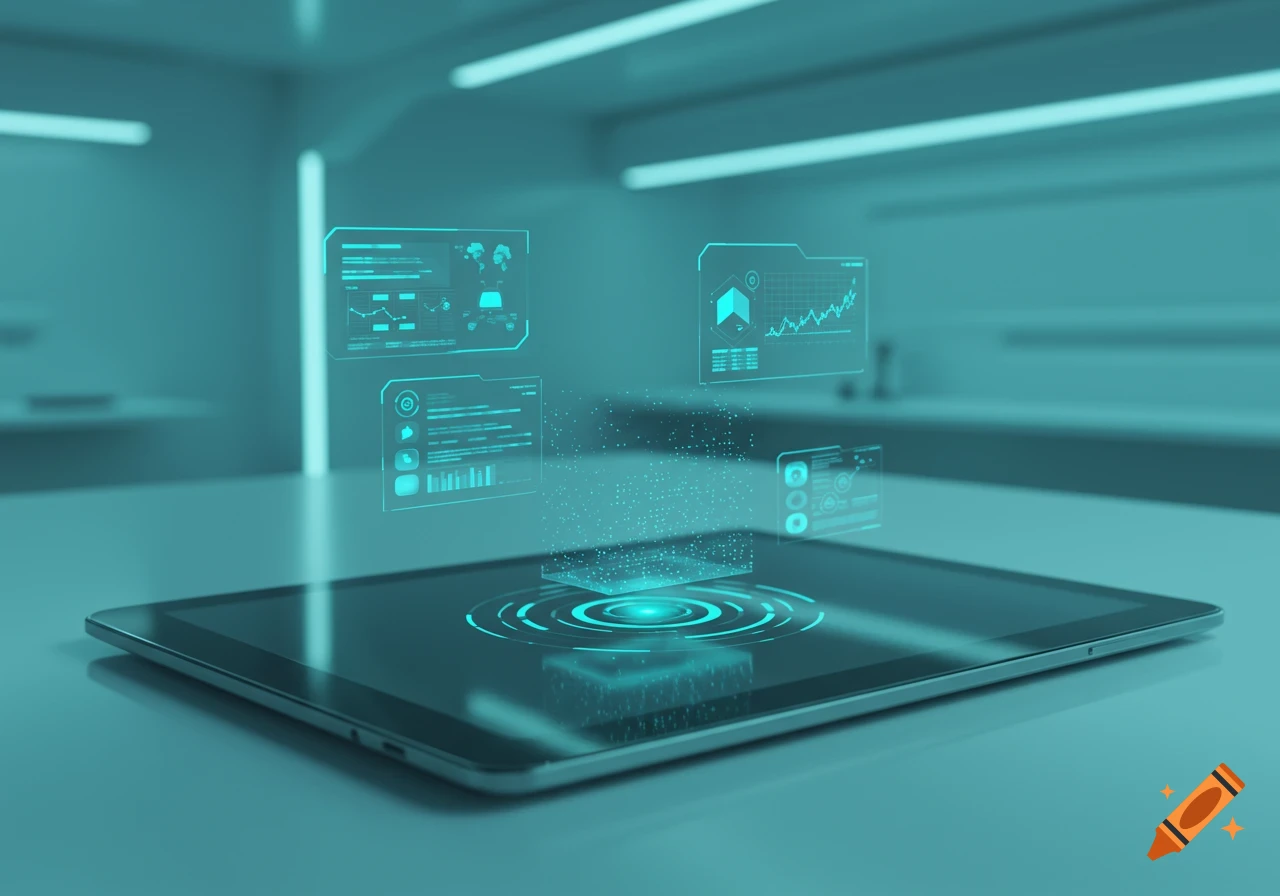 A futuristic tablet projects glowing teal holographic data visualizations, charts, and information displays above its screen in a sleek, minimalist environment.