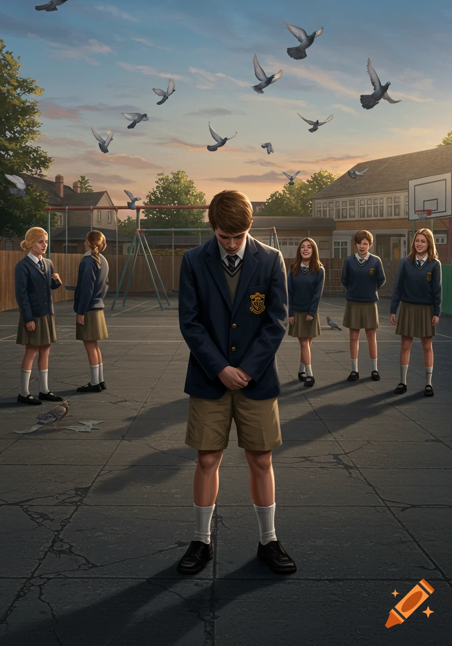 A sad boy in a school uniform looks down, standing alone on a school playground as other students and pigeons gather around him, realistic.