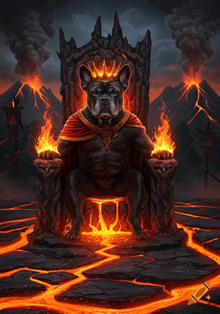 A fierce black French Bulldog king with a gold crown and red cape sits on a molten lava throne amidst erupting volcanoes and rivers of fire.