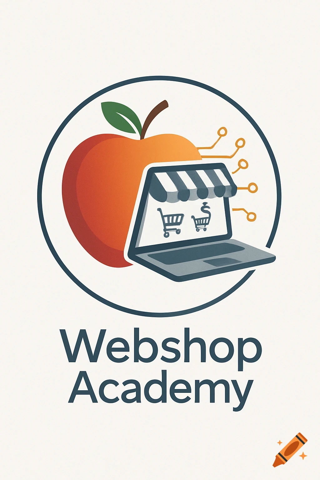 Logo with a stylized orange apple, a laptop displaying shopping carts, and the text "Webshop Academy".