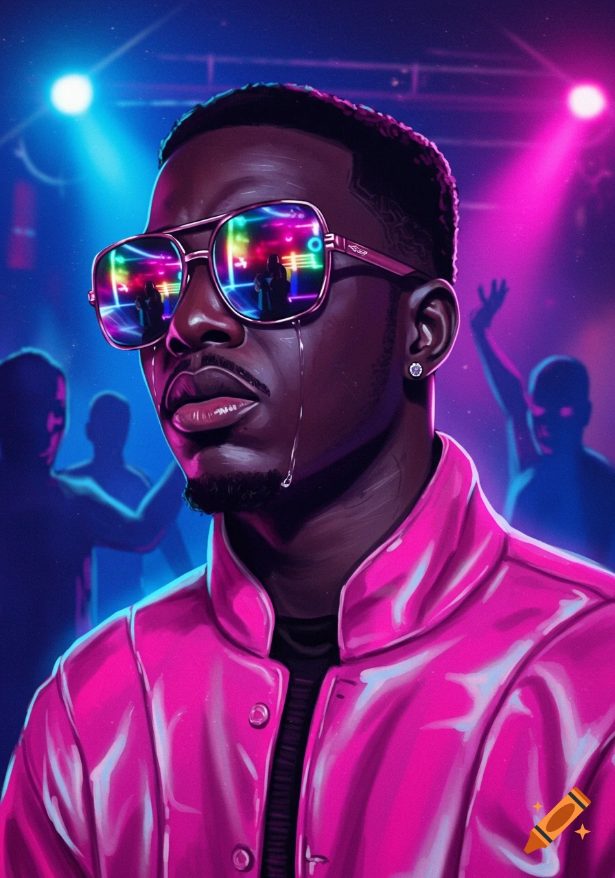 Close-up portrait illustration of a Black man with sunglasses and a pink jacket crying in a neon-lit nightclub.