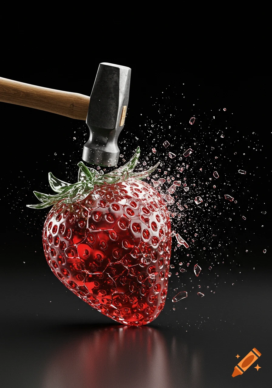 Photorealistic image of a glass strawberry shattering as it's struck by a hammer on a dark background.