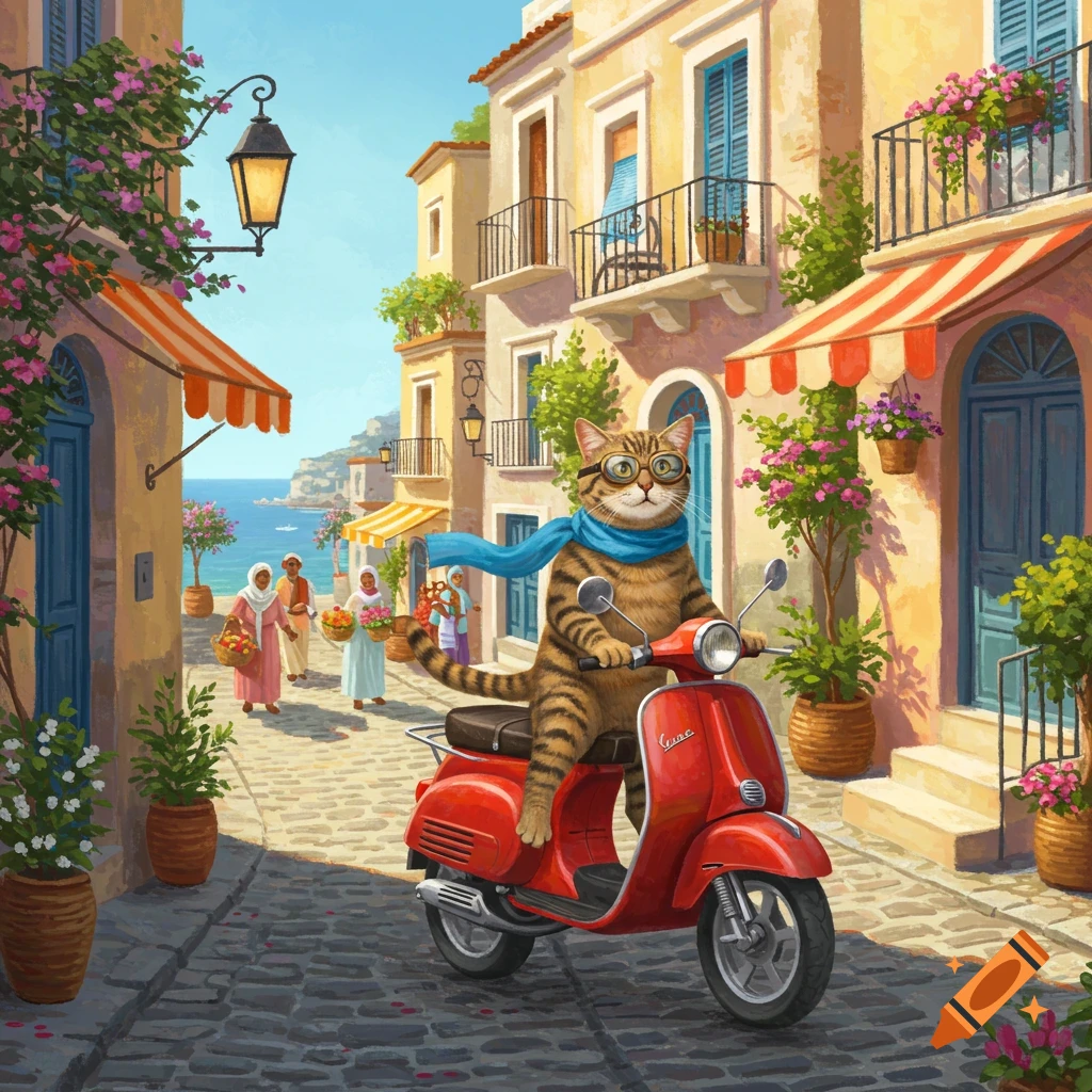 A whimsical illustration of a tabby cat wearing goggles and a blue scarf, riding a red Vespa scooter down a cobblestone street in a sunny Mediterranean town.