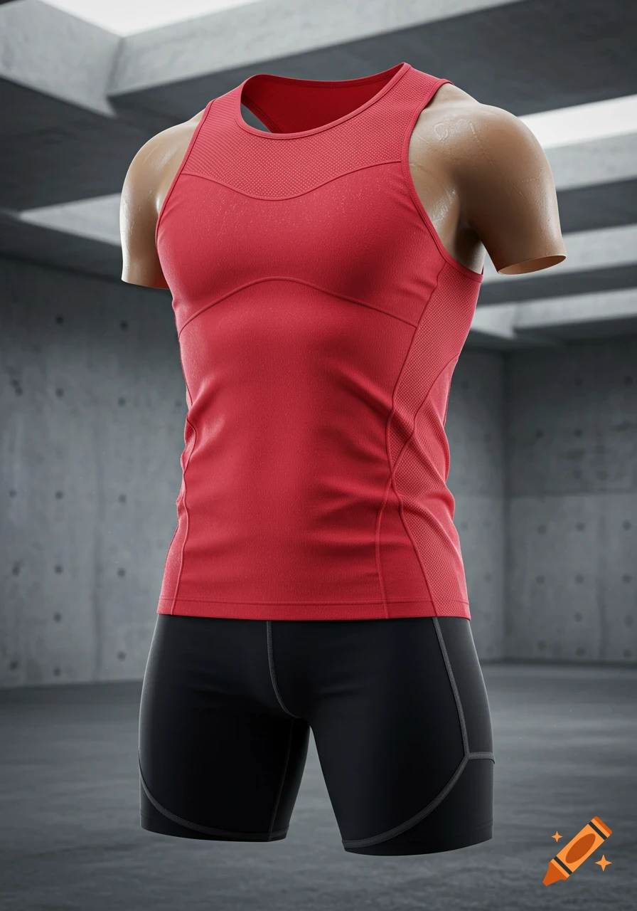 Photorealistic image of a red athletic tank top and black shorts on a headless mannequin.