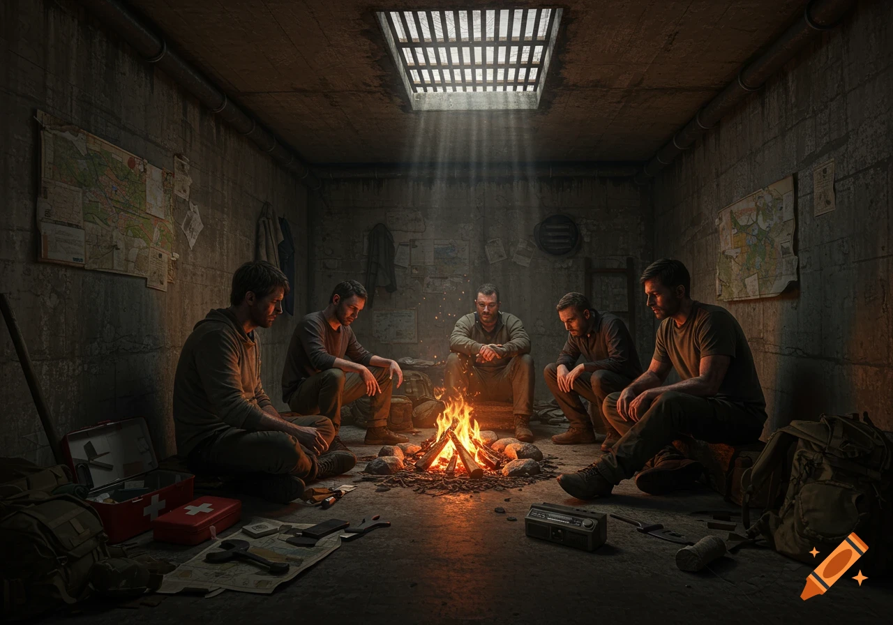 Five men in an underground bunker sit around a campfire, illuminated by light from a grate above, with maps on walls and survival gear nearby.