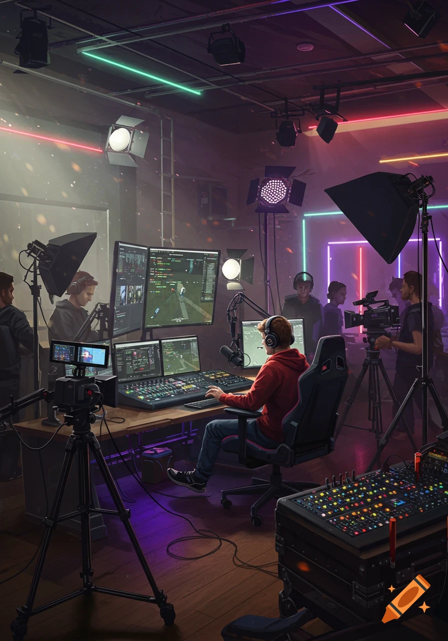 A person in a control room operates a sound mixer and multiple screens, surrounded by studio lights and other crew members.