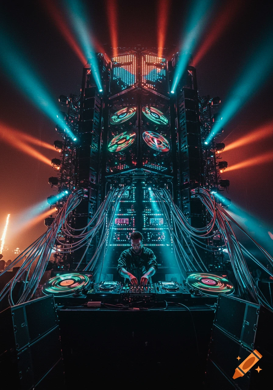 A DJ performs on stage with a massive, illuminated audio system featuring turntables with spinning vinyl records, bathed in red and blue lights.
