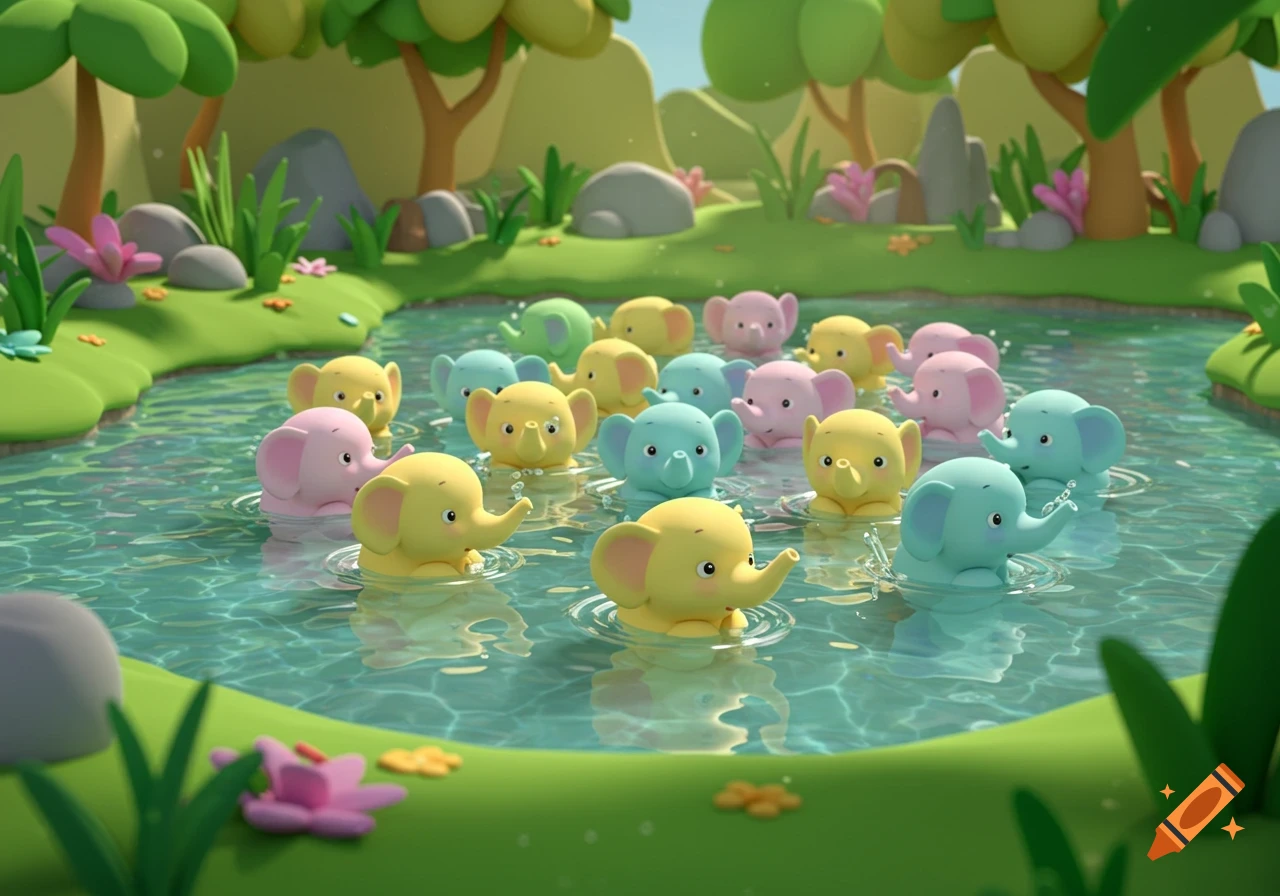 Twenty-four colorful 3D cartoon elephants in pastel pink, yellow, and blue swim in a pond surrounded by a lush green forest.
