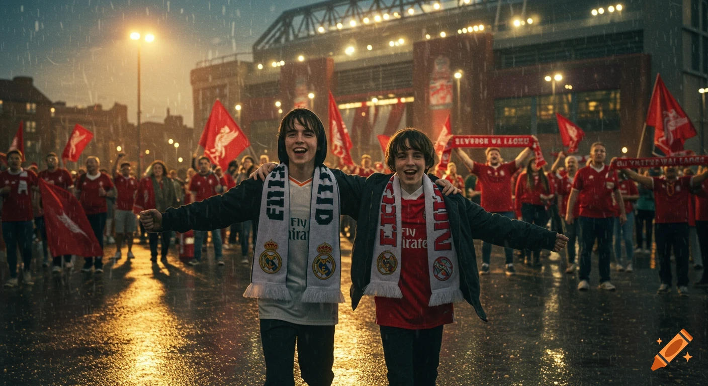 Two smiling young friends, one wearing a Real Madrid scarf and the other a Liverpool scarf, pose in the rain outside Anfield Stadium, surrounded by cheering Liverpool fans holding red flags.