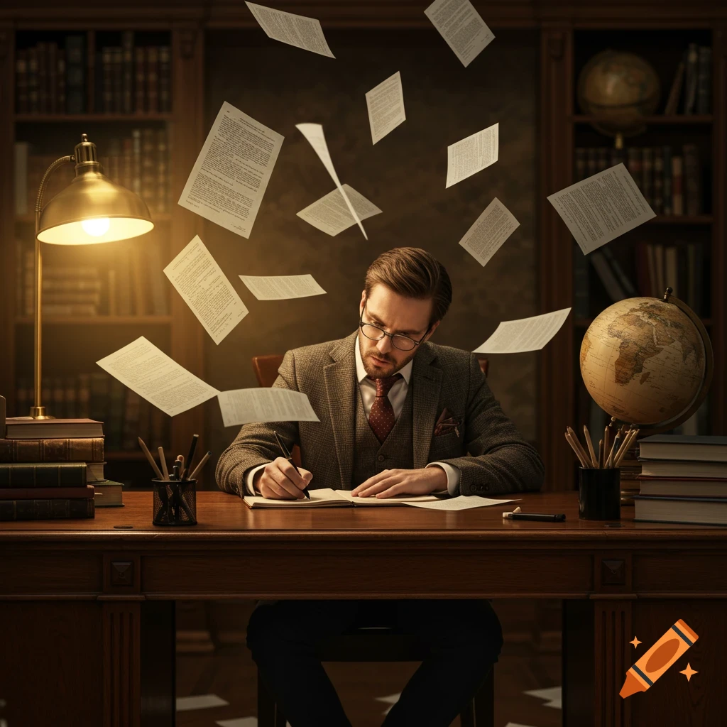 A man in a tweed suit writes intently at a wooden desk in a richly paneled study as many papers float around him. Bookshelves and a globe are in the background.