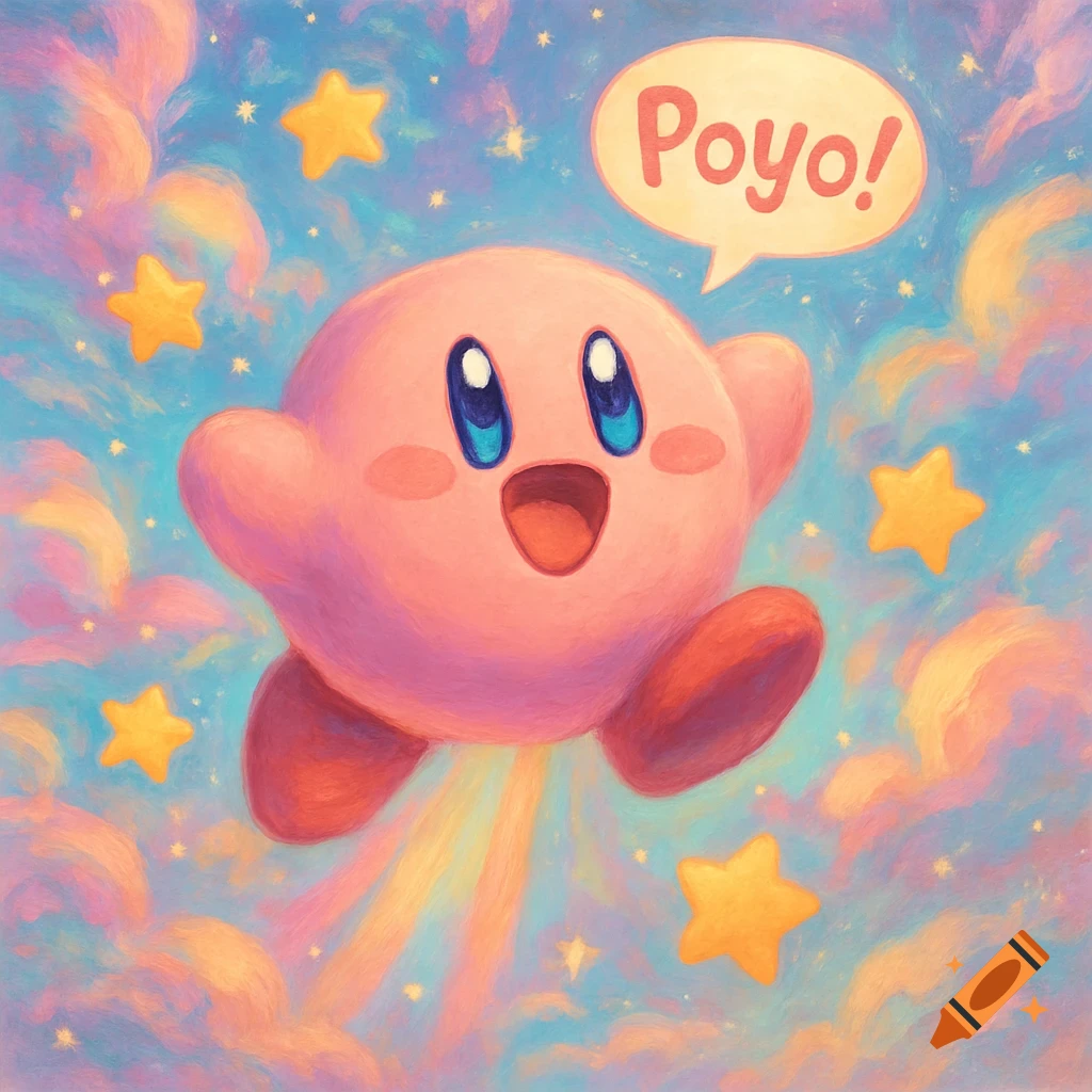 Pink Kirby flying happily in a dreamy pastel sky with clouds and stars, saying 'Poyo!' in a speech bubble, painterly style.