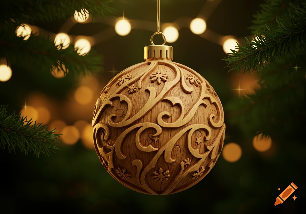 Intricate wooden Christmas ornament with gold carvings, surrounded by blurred pine branches and glowing lights.