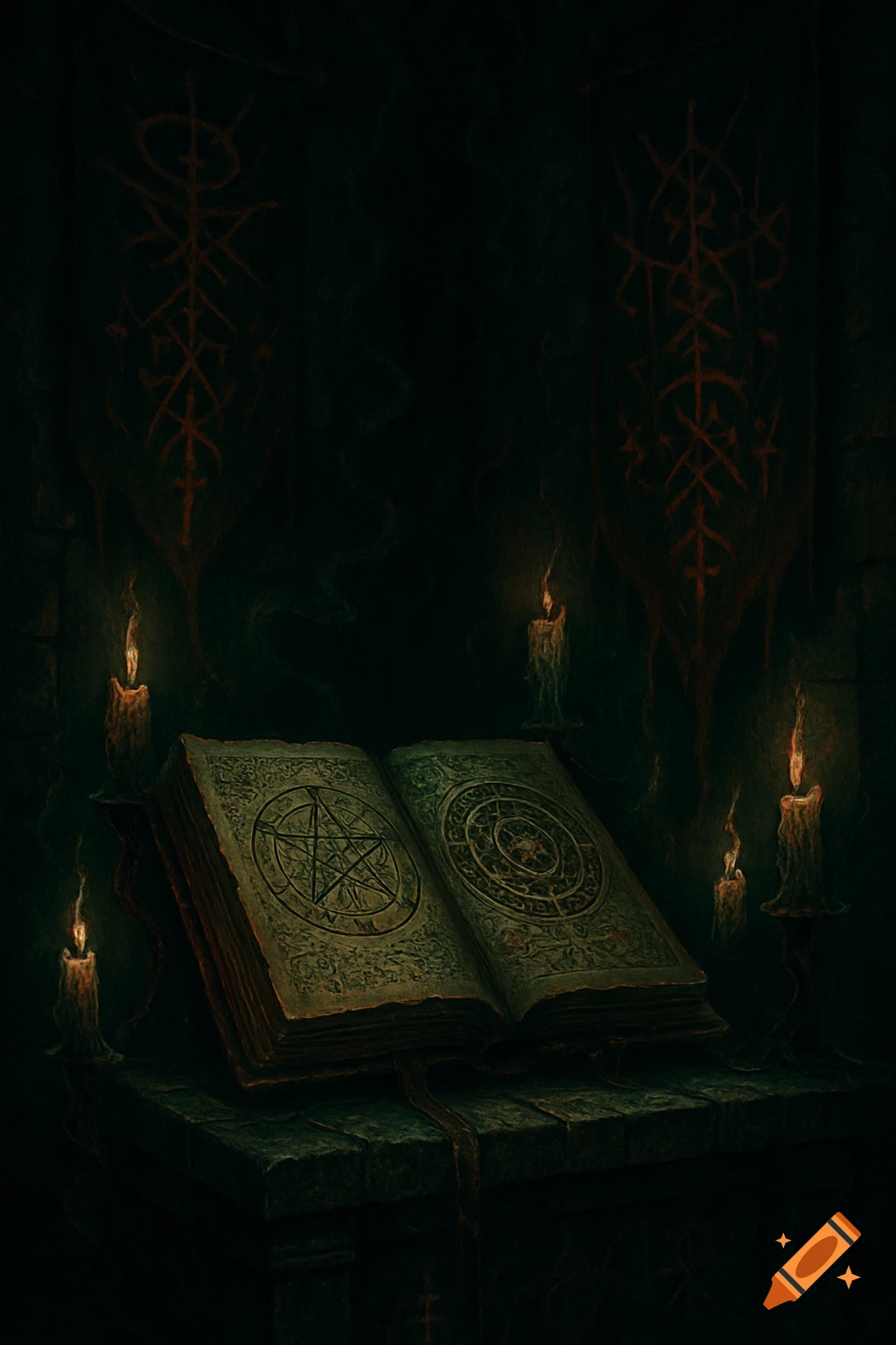 An open, ancient grimoire with a pentagram and other arcane symbols on its pages, illuminated by flickering candles in a dark, ominous chamber with red runes on the walls.