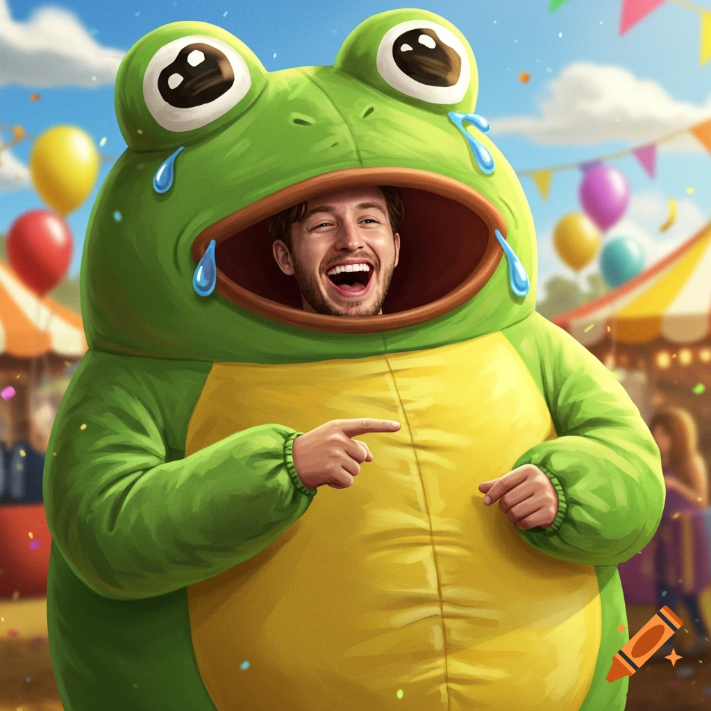 A man in a vibrant green and yellow inflatable frog costume laughs and points, against a colorful fairground backdrop.