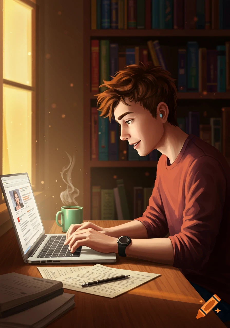 A young man with red hair works on a laptop at a desk, with a steaming mug, papers, and a pen. A bright window and a bookshelf are in the background.