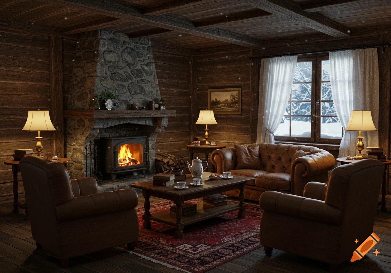 A cozy rustic cabin interior with a stone fireplace, wood-burning stove, leather armchairs, and a window looking out at a snowy landscape.