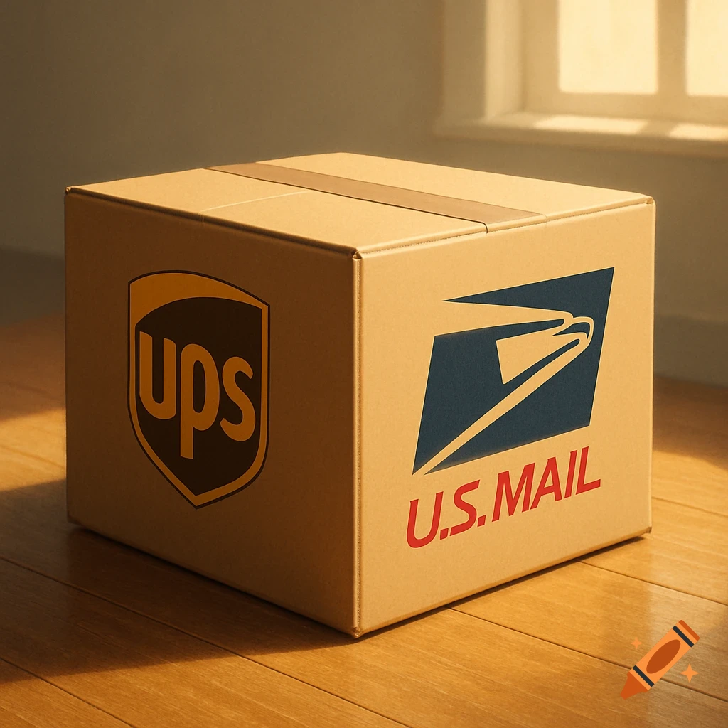 A photorealistic image of a cardboard shipping box featuring a UPS logo on one side and a USPS logo on the other.