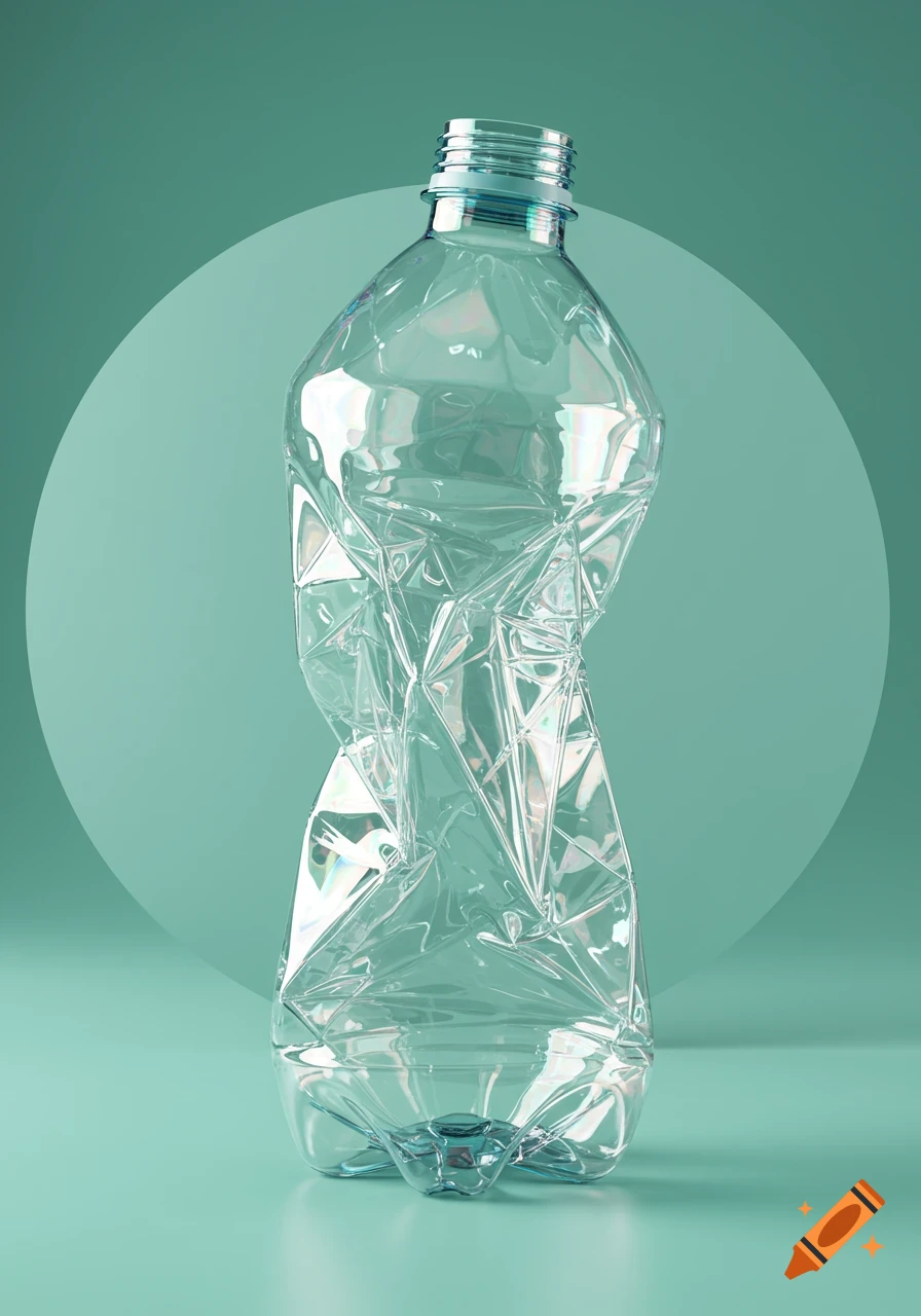 A clear, crumpled plastic water bottle stands on a teal surface, centered against a lighter teal circle background.