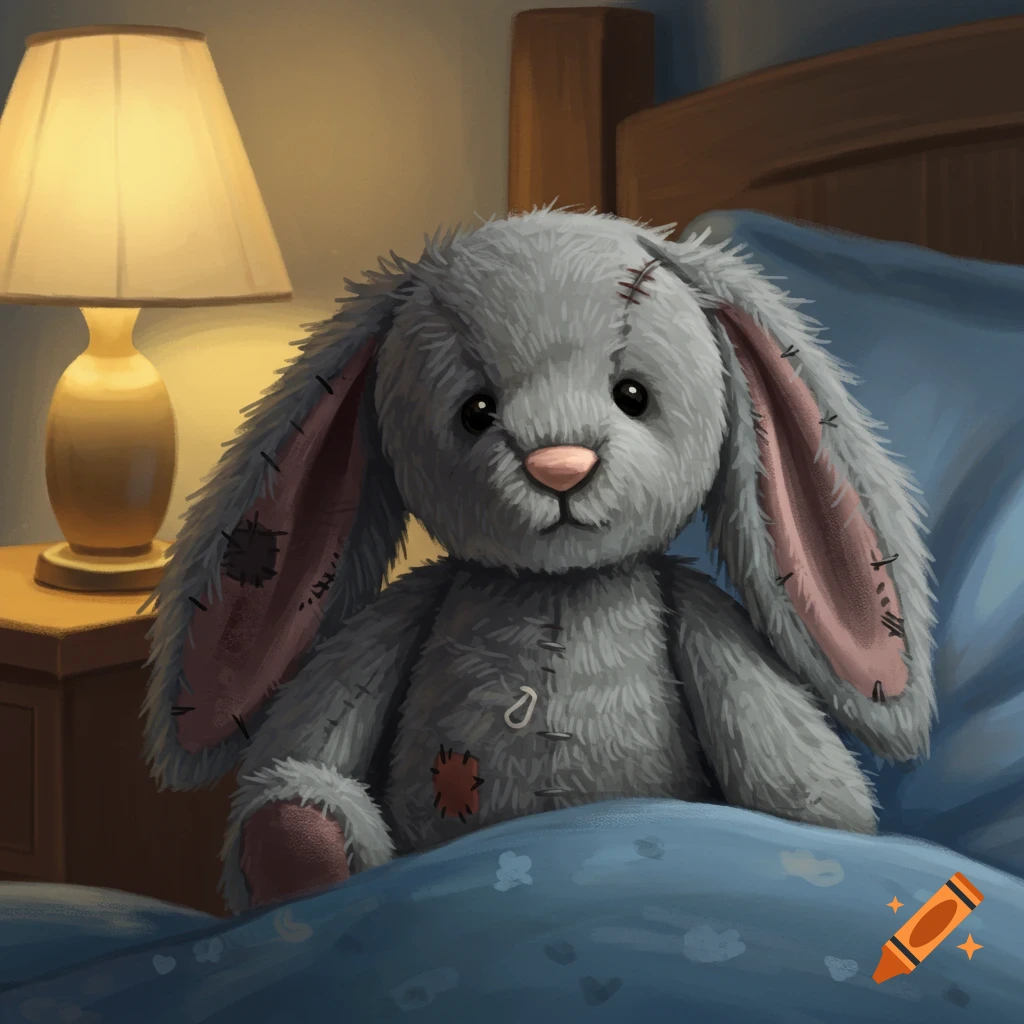 A gray, worn stuffed bunny with stitched ears and patches sits in a blue bed, illuminated by a bedside lamp.